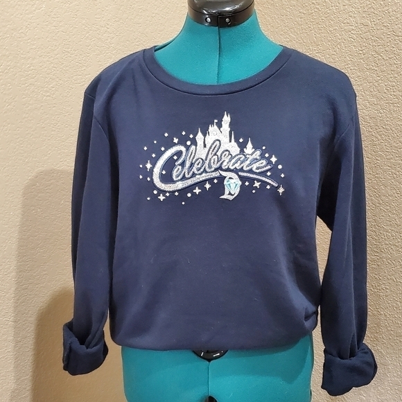 DISNEYLAND DISNEY PARKS DIAMOND CELEBRATION BLUE SWEATSHIRT MEDIUM SEQUINS BLING - Picture 1 of 16